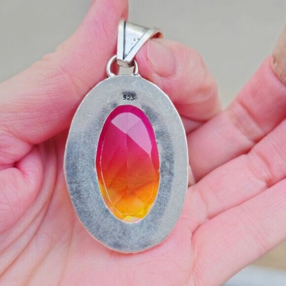 Bi-Color Tourmaline ✦ Sterling Silver Pendant ✦ Victorian Oval Pink & Yellow NWT - Picture 4 of 16